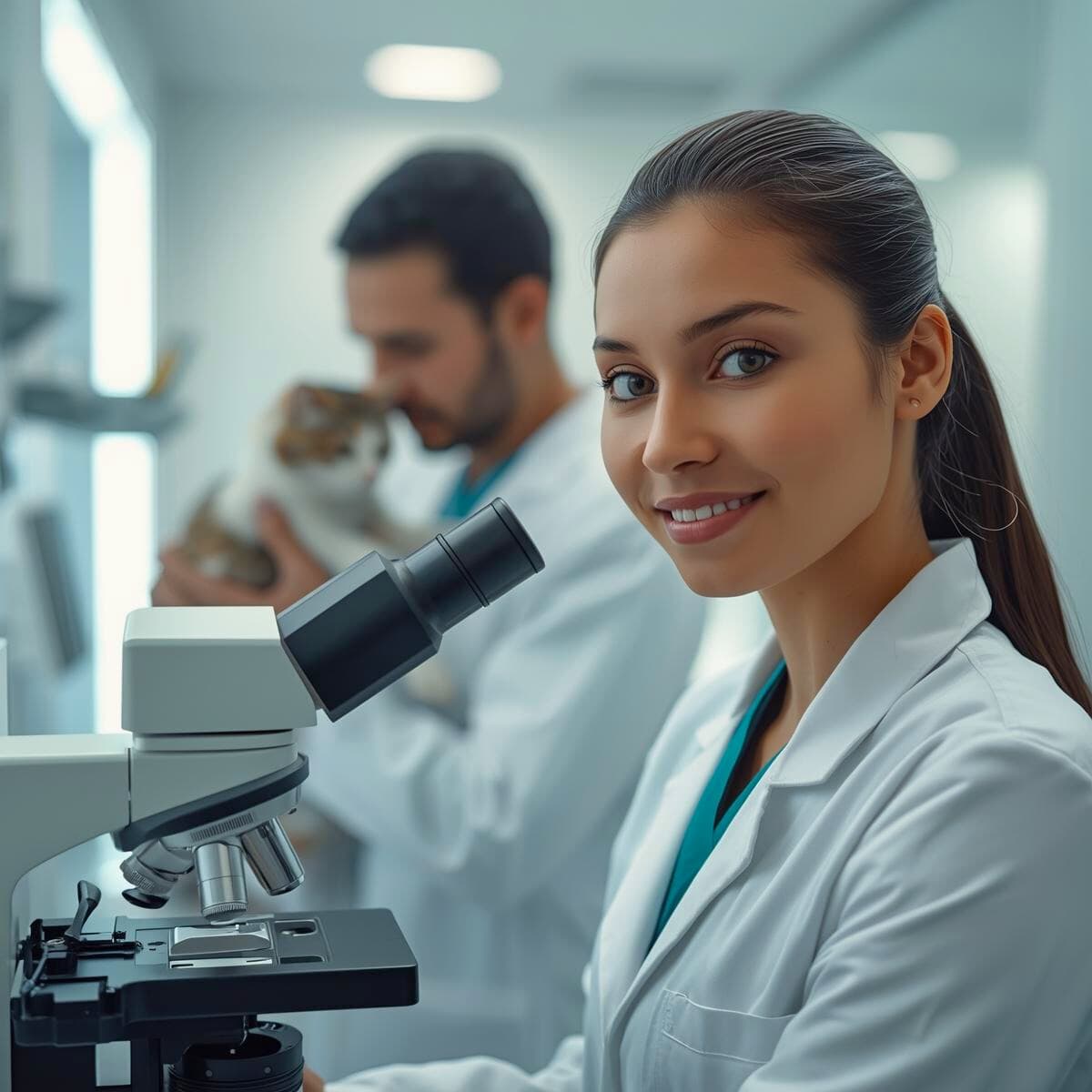 Veterinario examinando un perro con microscopio